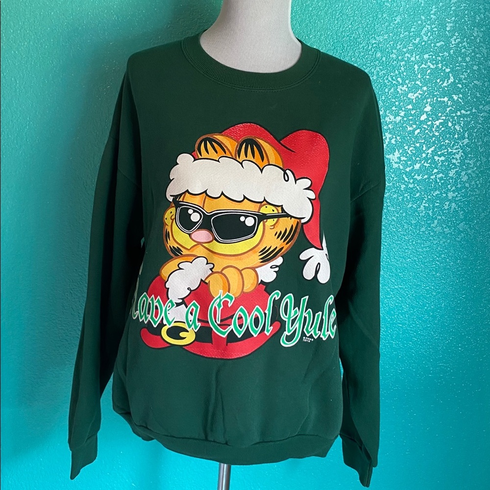 L Vintage Green Garfield Sweatshirt Crewneck 80’s